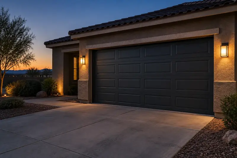Charcoal two-car garage door on a single-story stucco home in Phoenix at dusk with desert landscaping