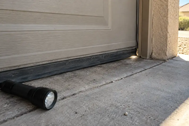 Worn bottom seal of a garage door with a gap of daylight at one corner on a Phoenix driveway